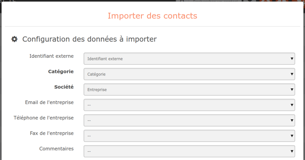Configuration de l'import des contacts